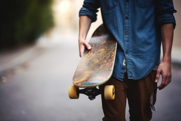 Shot van een onherkenbare man die zijn skateboard vasthoudt