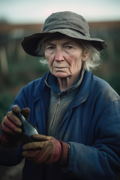 shot van een onherkenbare vrouw die een fles rosacea vasthoudt terwijl ze aan het werk is op haar boerderij gemaakt met generatieve ai