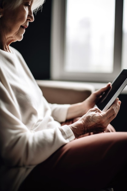 Shot van een onherkenbare vrouw die thuis een digitale tablet gebruikt