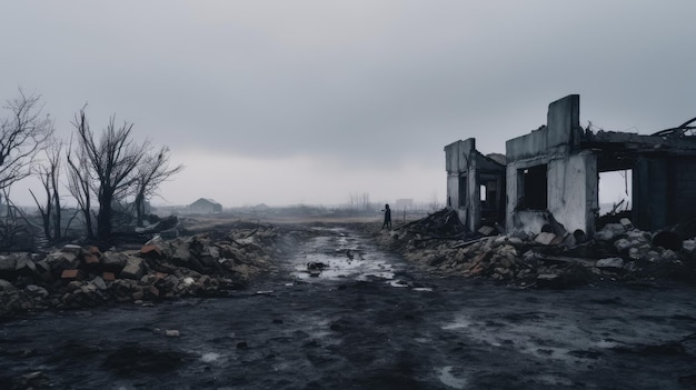 shot van een oud verlaten en half verwoest huis in een groot brownfield onder een grijze lucht