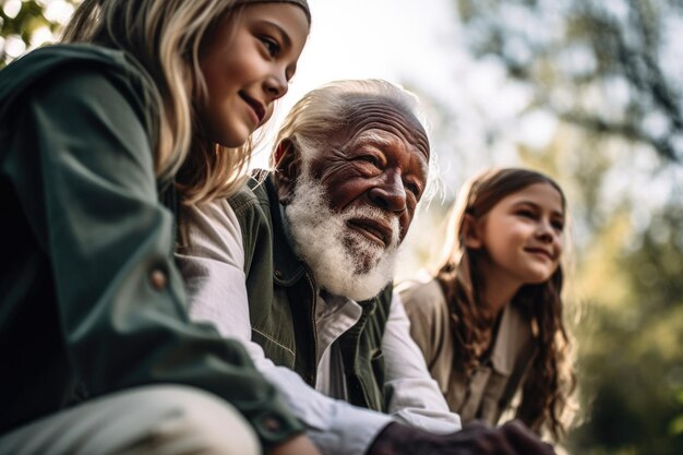 Shot van een oudere man die buiten tijd doorbrengt met zijn kleindochters, gemaakt met generatieve AI