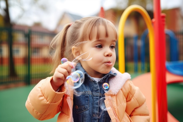 Shot van een schattig klein meisje dat bellen blaast op een voorschoolse speelplaats gemaakt met generatieve AI