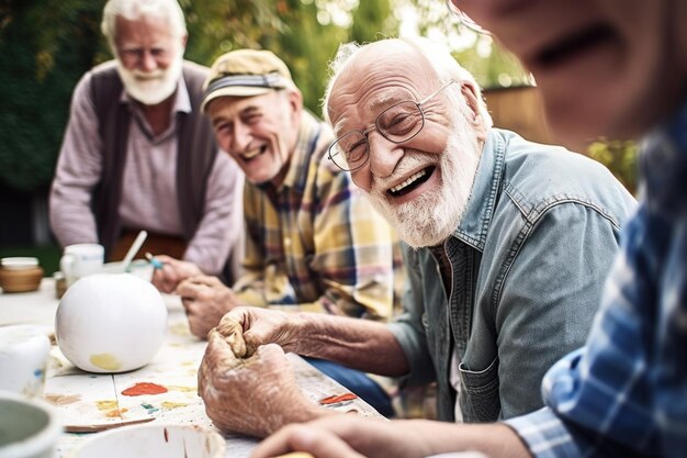 Foto shot van een senior man die met zijn vrienden buiten bezig is met aardewerk schilderen