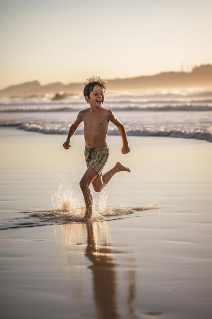 Shot van een speelse jonge jongen die op het strand rent, gemaakt met generatieve AI