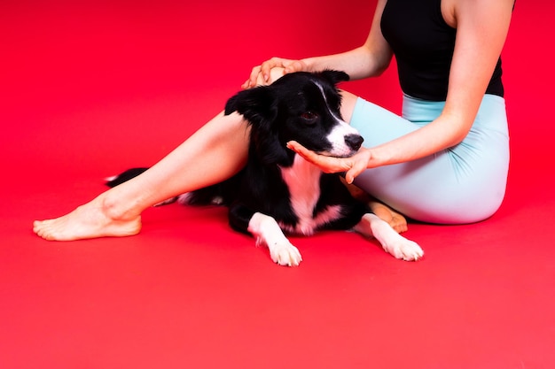 Shot van een sportvrouw in beenkappen met een border collie-hond geïsoleerd op gele en rode achtergrond