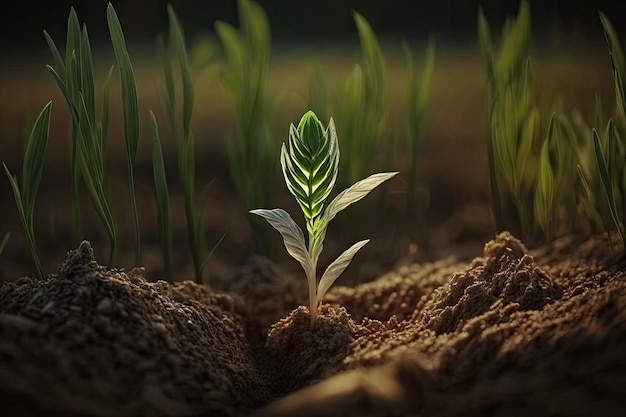 Shot van een tarwekiem die in de grond groeit De bladeren van de gerstplant glanzen fel in de zon