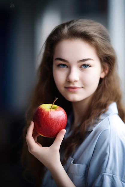 Shot van een tienermeisje dat een appel vasthoudt op school