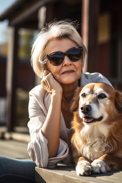 Shot van een vrouw die buiten zit met haar hond gemaakt met generatieve AI