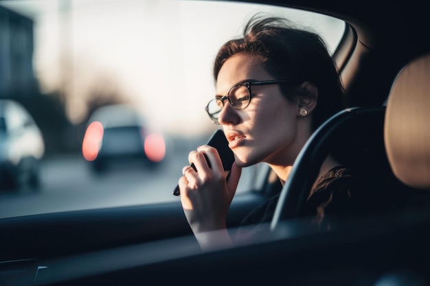 Shot van een vrouw die een smartphone gebruikt om te bellen tijdens het rijden, gemaakt met generatieve AI