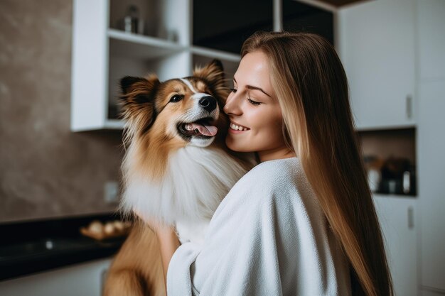 Shot van een vrouw die haar hond voor het eerst vasthoudt nadat ze hem heeft verzorgd, gemaakt met generatieve AI