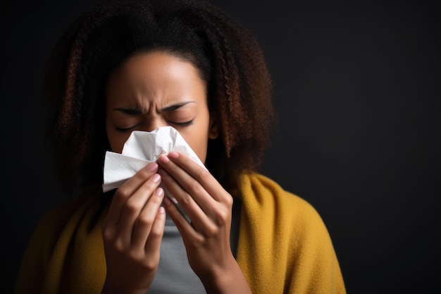 Shot van een vrouw die haar neus snuit met een tissue gemaakt met generatieve AI