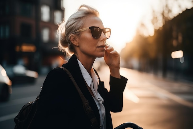 Shot van een vrouw die haar rit roept op weg naar haar werk, gemaakt met generatieve AI