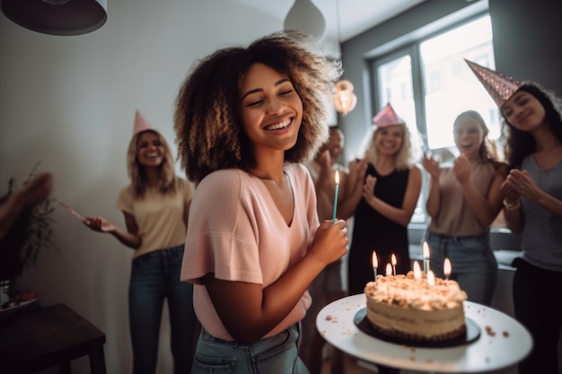 Shot van een vrouw die haar verjaardag viert met vrienden thuis