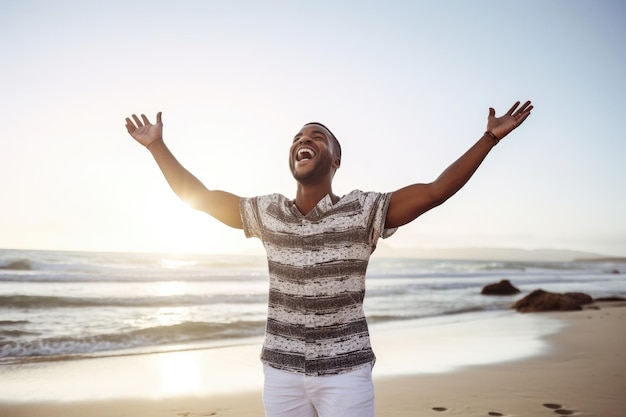 Shot van een zorgeloze jonge man die juicht terwijl hij op het strand staat, gemaakt met generatieve AI