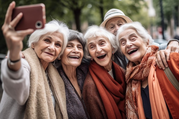Foto shot van senior vrienden die samen een selfie maken