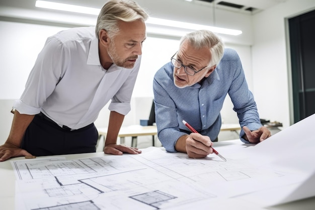 Shot van twee architecten die samen blauwdrukken bespreken op hun kantoor