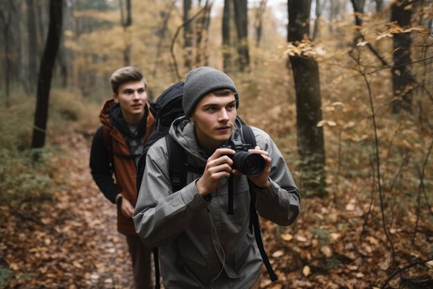 Shot van twee jonge mannen die een camera vasthouden tijdens een wandeling door het bos, gemaakt met generatieve AI