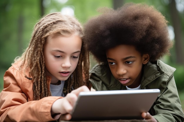 Foto shot van twee jonge vrienden die samen naar iets op een tablet kijken