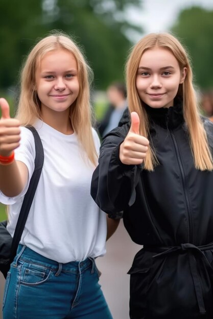 Foto shot van twee jonge vrouwen die hun duimen opsteken uit protest buiten gemaakt met generatieve ai