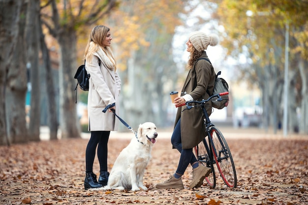 Shot van twee mooie vrienden die praten tijdens het wandelen met hun hond en fiets in het park in de herfst.