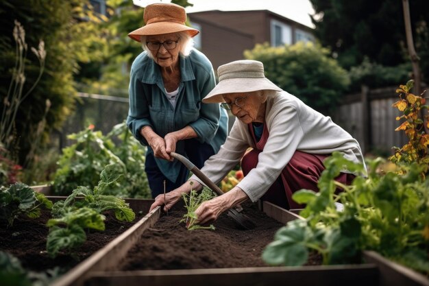 Shot van twee oudere vrouwen die samenwerken in een gemeenschappelijke tuin die is gemaakt met generatieve AI