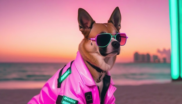 Foto scatto di un cane alla moda di vaporwave a miami