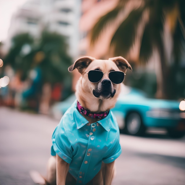 Shot of Vaporwave fashion dog wearing sunglasses in miami