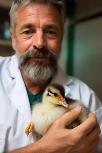 Shot of a vet holding up an injured duck for healing