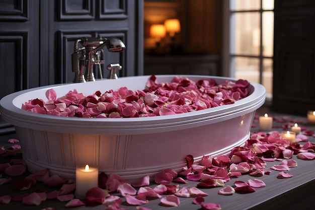 Shot of white bathtub filled with pink rose petals