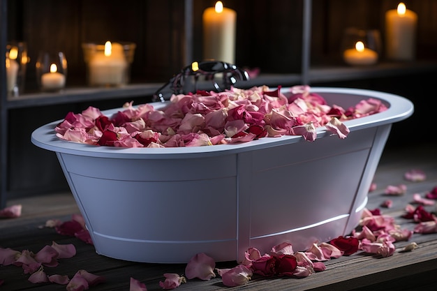 분홍색 장미 꽃잎 으로 가득 찬  ⁇ 색 목욕탕 의 사진
