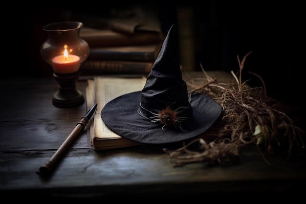 A shot of a witch's hat magic wand and spell book arranged on a rustic table