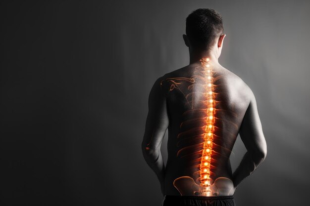 写真 背中の痛みを持つ男の脊椎を強調したショット
