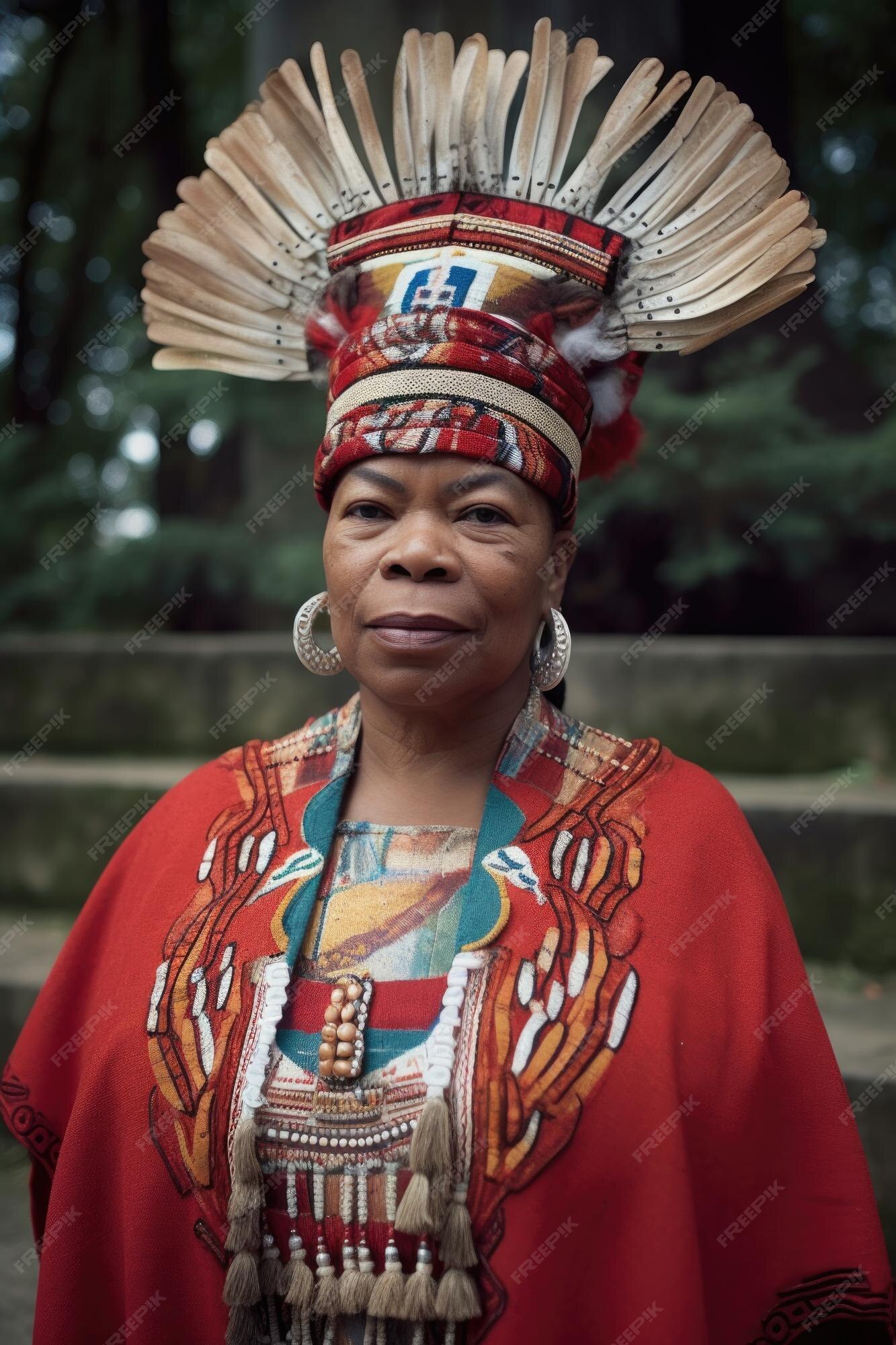 Premium AI Image Shot of a woman in a ceremonial headdress standing Premium AI Image Shot of a woman in a ceremonial headdress standing