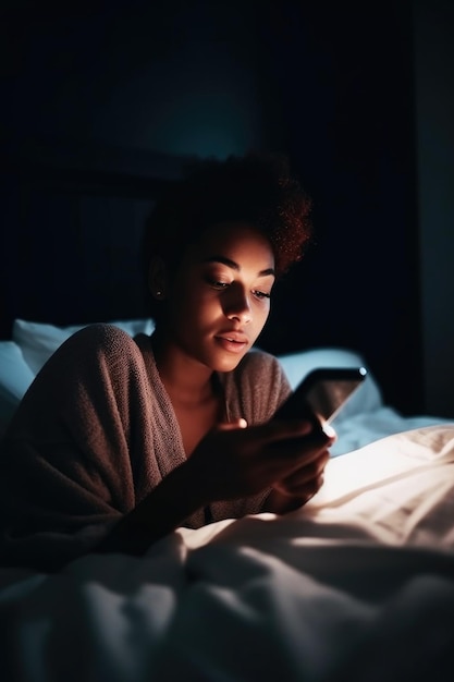 생성 AI로 만든 침대에서 휴대폰을 확인하는 여성의 모습