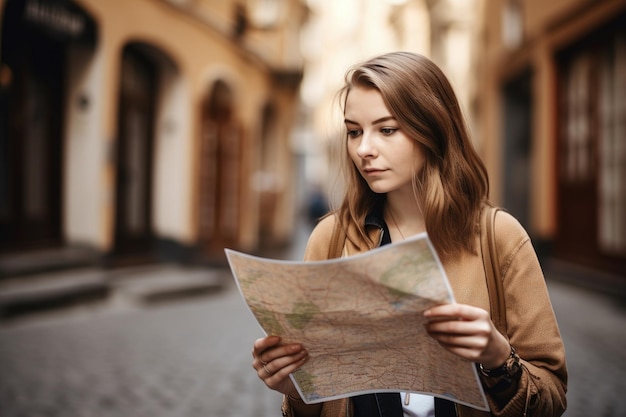 Shot of a woman holding a map while on vacation created with generative ai