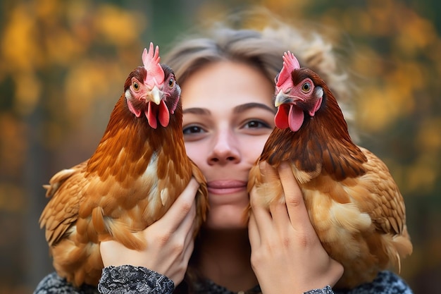 Photo shot of a woman holding two chickens in front of her face