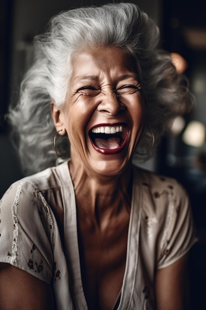 Photo shot of a woman laughing hysterically at home