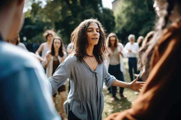 Shot of a woman leading an outdoor dance class created with generative ai