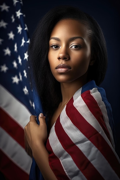 Shot of a woman in patriotic spirit with her american flag created with generative ai