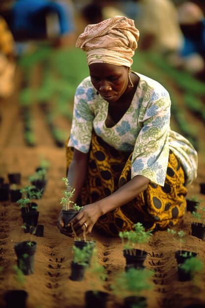 shot of a woman planting trees at a nursery created with generative ai