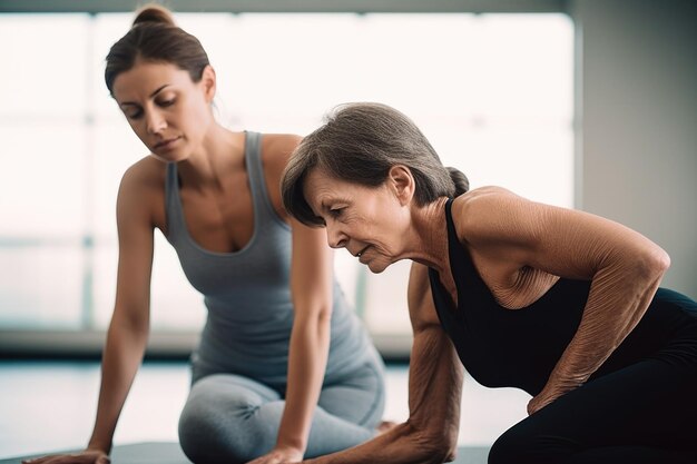 Shot of a woman practicing yoga with an instructor created with generative ai