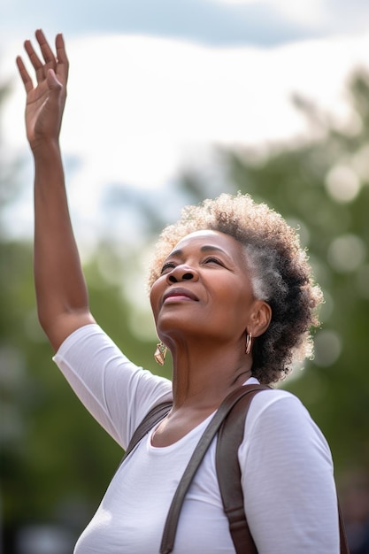 Shot of a woman standing outside with her arms raised