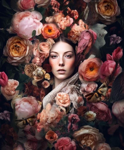 Shot of a woman surrounded by roses generative AI