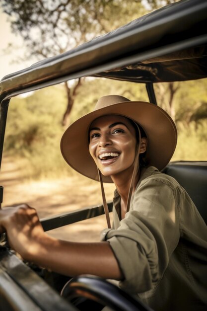 Shot of a woman taking a selfie while on safari created with generative ai