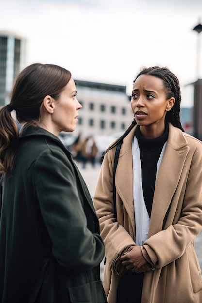 Foto fotografia di una donna che parla con il suo assistente sociale sullo sfondo urbano