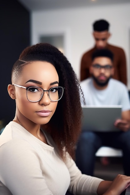 shot of a woman using her laptop with her boyfriend in the background created with generative ai