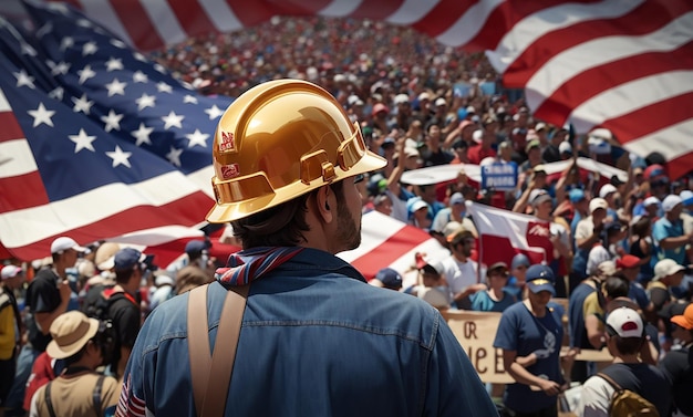 Behind shot of a worker man in a hard yellow hat and people with a flag in the background labor day