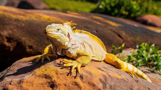 Shot of a yellow iguana resting on a rock