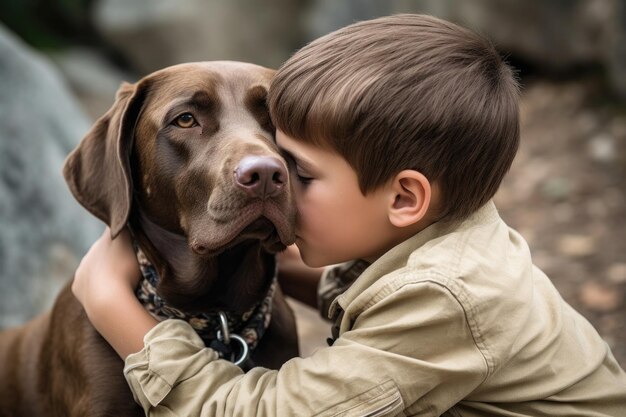 犬と愛情を注ぐ少年のショット