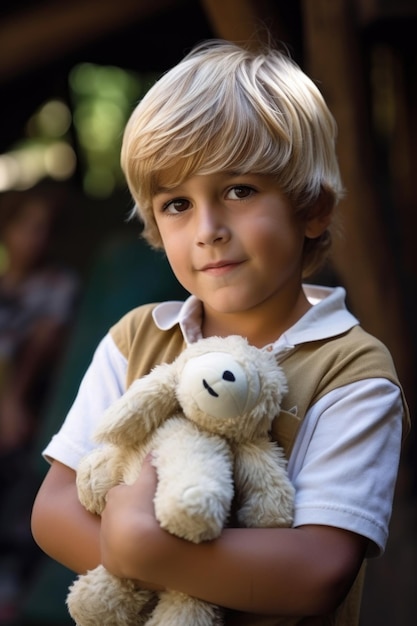 동물원에서 봉제 인형 동물을 안고 있는 어린 소년의 사진